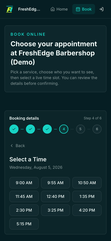The time step of the customer booking flow on a phone, showing the free appointment times for the chosen day as a grid of tappable slots.