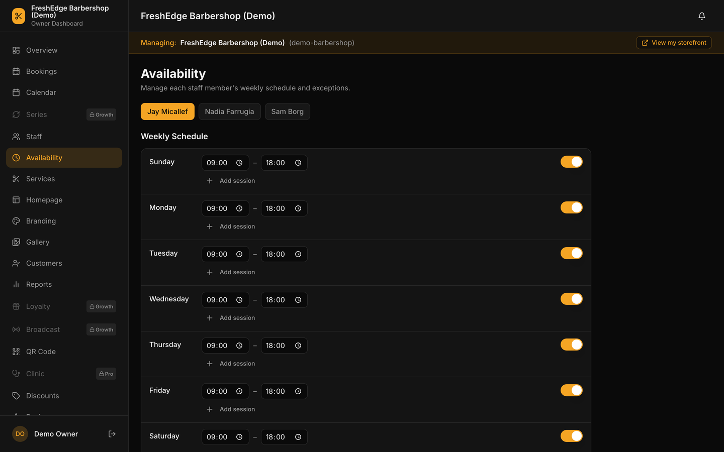 The availability screen, with a tab per staff member and a weekly schedule underneath: each day has a start and end time, a toggle to close it, and a button to add a second session for a split shift.