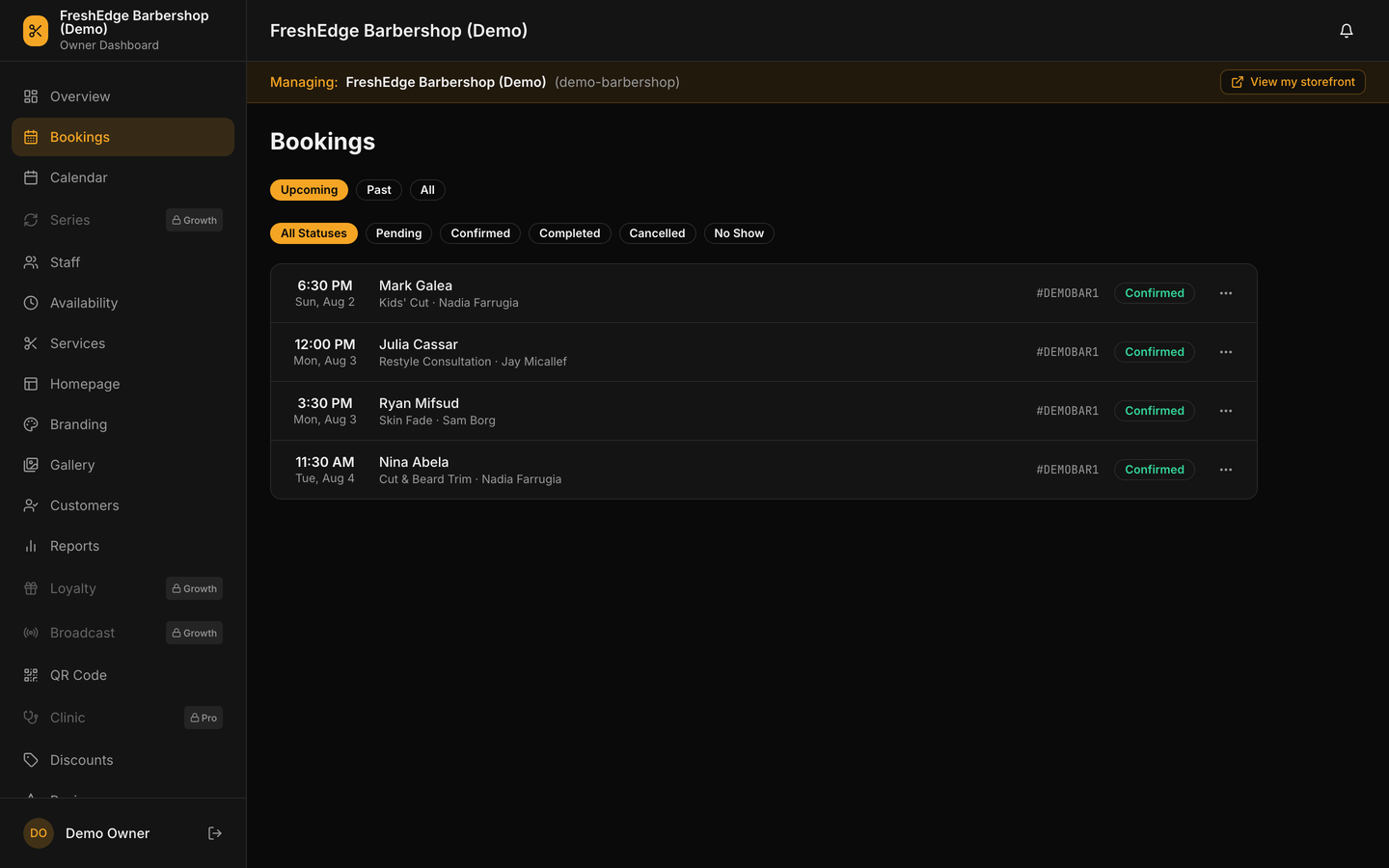 The bookings list filtered to upcoming, showing time, date, customer name, service, staff member, reference code and status for each appointment.