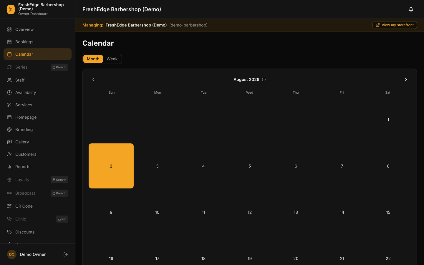 A month view of the Booknexo calendar with today highlighted, and a toggle between month and week views.