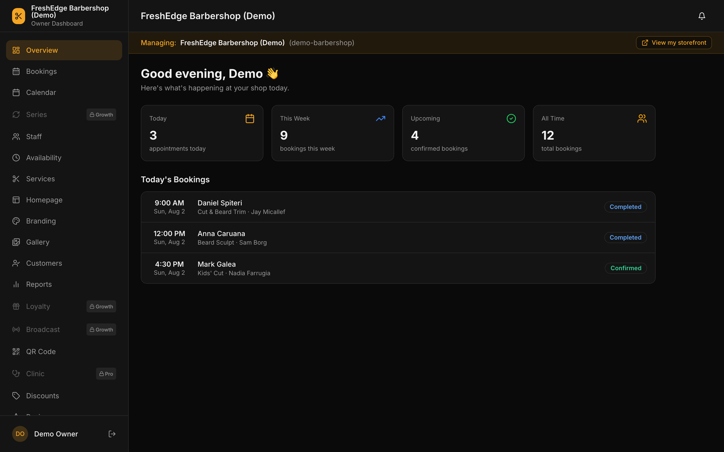 The Booknexo owner dashboard, showing three appointments today, nine this week, four upcoming and twelve in total, above a list of the day's bookings with each customer, service and barber.