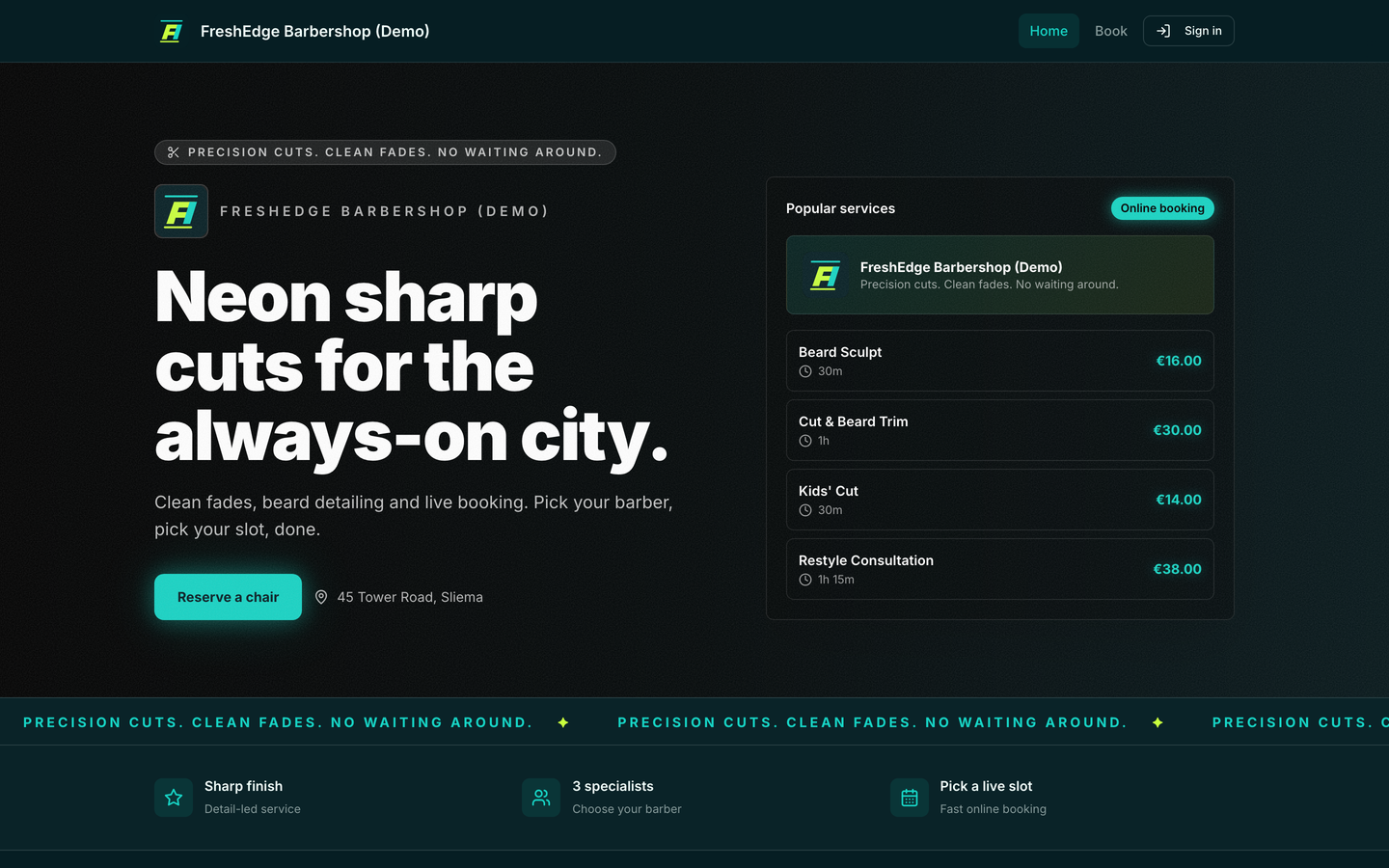 A barbershop's own booking page in its own colours and logo, with a headline, a Reserve a chair button, and a live list of services with prices and durations.